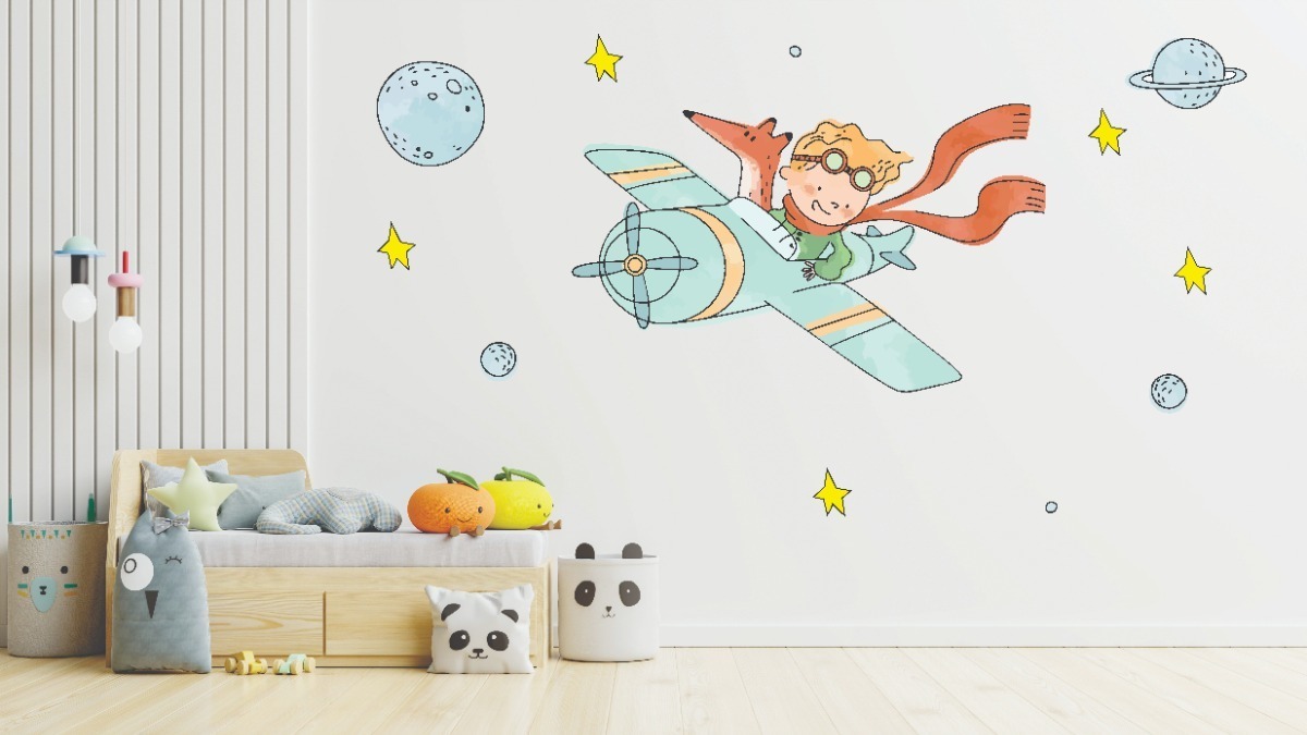 Vinilo Sticker Full color Decorativo Infantil Principito Avión Acuarela 1mx60cm - Imagen 2