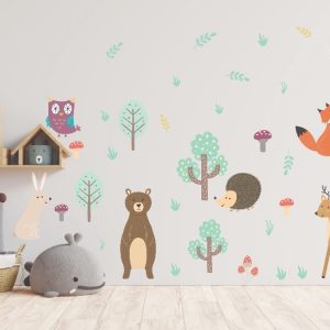 Vinilo Infantil Animales Del Bosque Acuarelados 1mt X 60cm