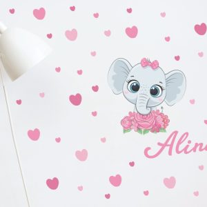 Vinilo Infantil Decorativo Elefante Flores Corazones Con Nom