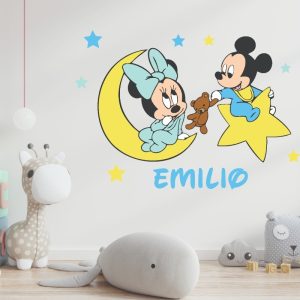 Vinilo Decorativo Minnie Y Mickey Luna Con Nombre 1mt X60cm