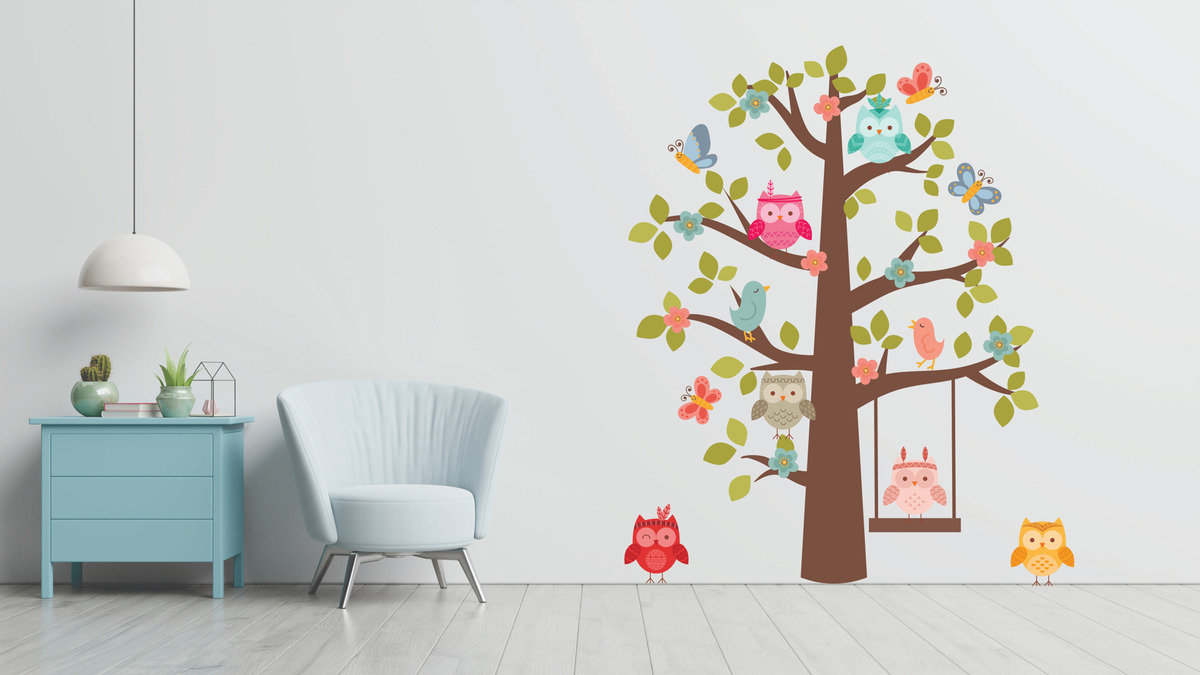 Vinilo Infantil Buhos Árbol Decoracion Pared 1.25mts Altura - Imagen 2