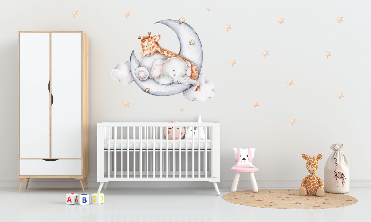 Vinilo Sticker Full color Infantil Luna, Elefante Y Jirafa Plancha 70cm X 60cm