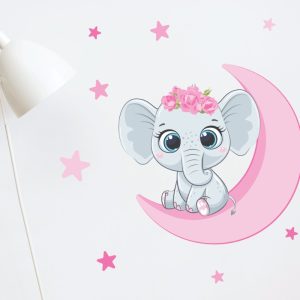 Vinilo Infantil Decorativo Elefante Flores Luna Y Estrellas
