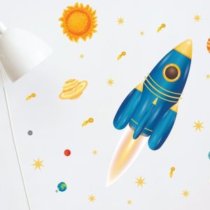 Vinilo Decorativo Cohete Espacial Con Planetas 85cm X 60cm