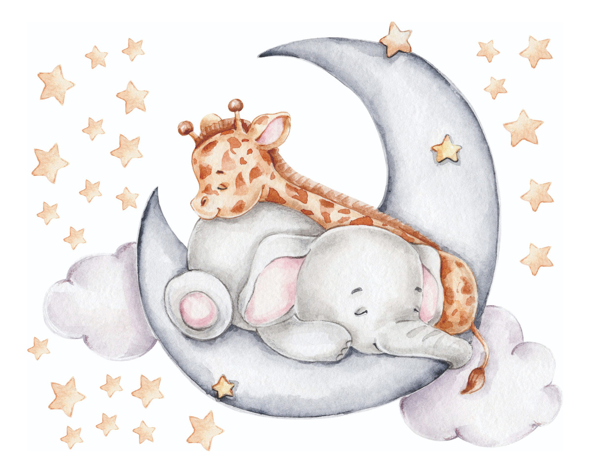 Vinilo Sticker Full color Infantil Luna, Elefante Y Jirafa Plancha 70cm X 60cm - Imagen 3