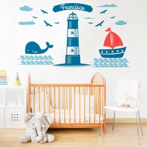 Vinilo Infantil Faro 3 Colore Decorativo C/nombre 1mt X 60cm