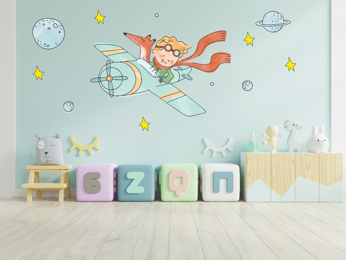 Vinilo Sticker Full color Decorativo Infantil Principito Avión Acuarela 1mx60cm - Imagen 3