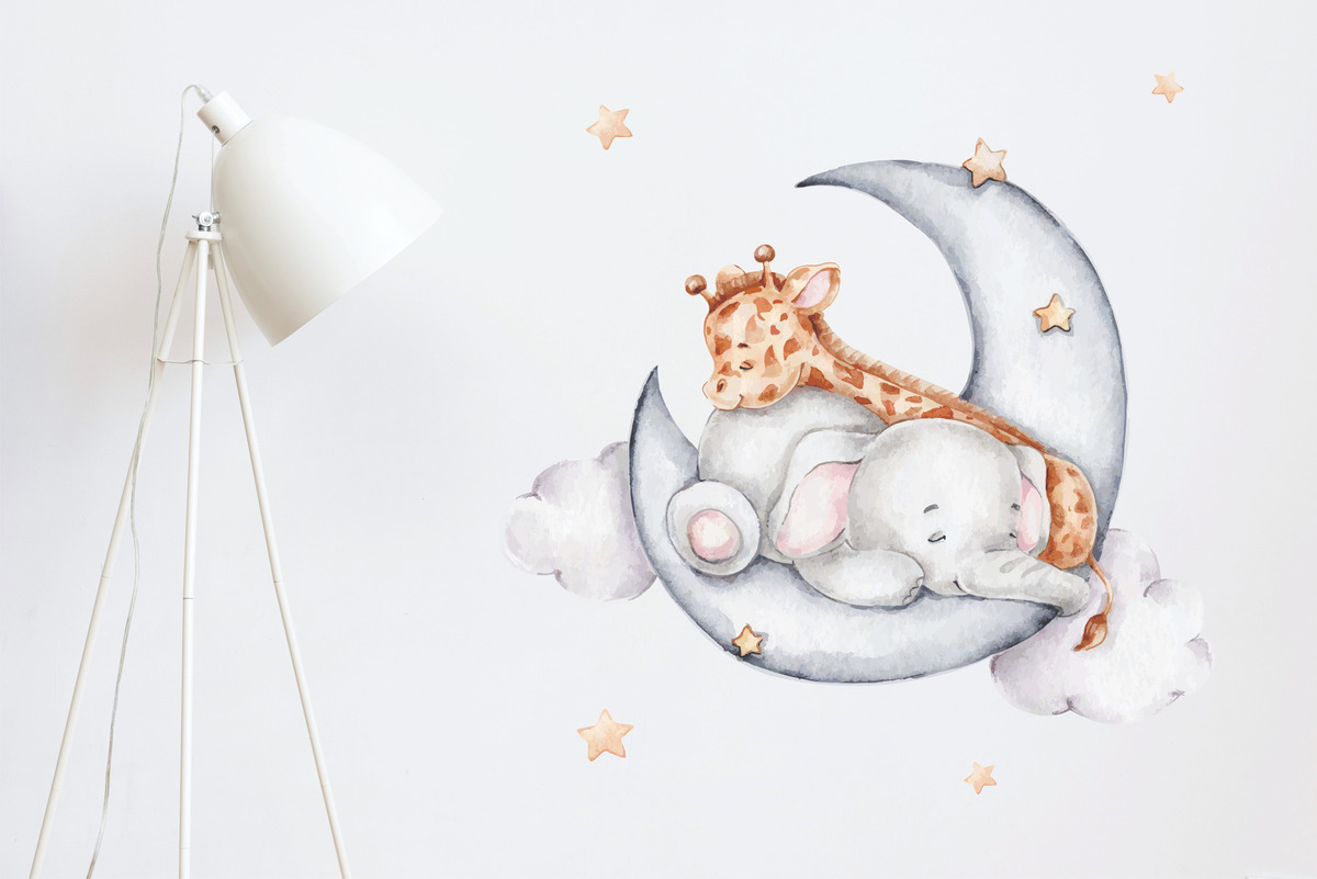 Vinilo Sticker Full color Infantil Luna, Elefante Y Jirafa Plancha 70cm X 60cm - Imagen 2