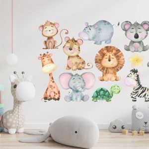 Vinilo Infantil Animales De La Selva Acuarelados 1mt X 60cm