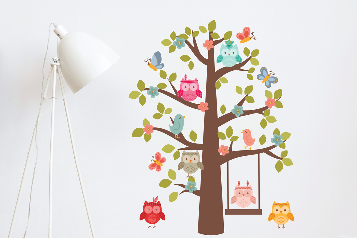 Vinilo Infantil Buhos Árbol Decoracion Pared 1.25mts Altura