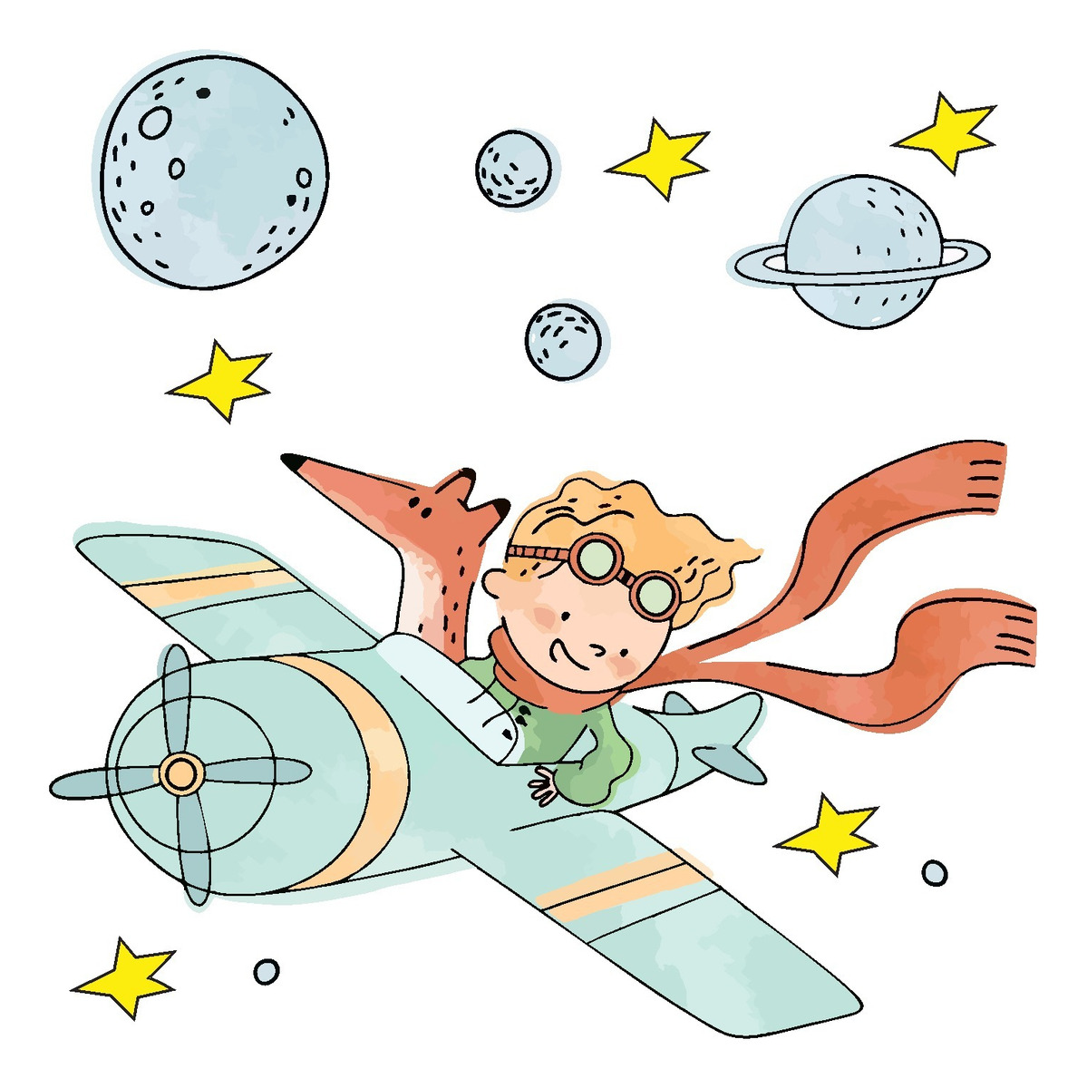Vinilo Sticker Full color Decorativo Infantil Principito Avión Acuarela 1mx60cm