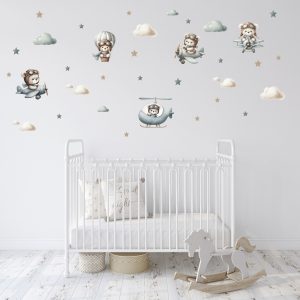 Vinilo Infantil Osito Piloto En Avión Con Globos Decorativo