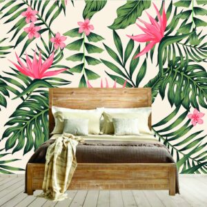 Vinilos impresos Murales diseño Hojas tropicales con flor