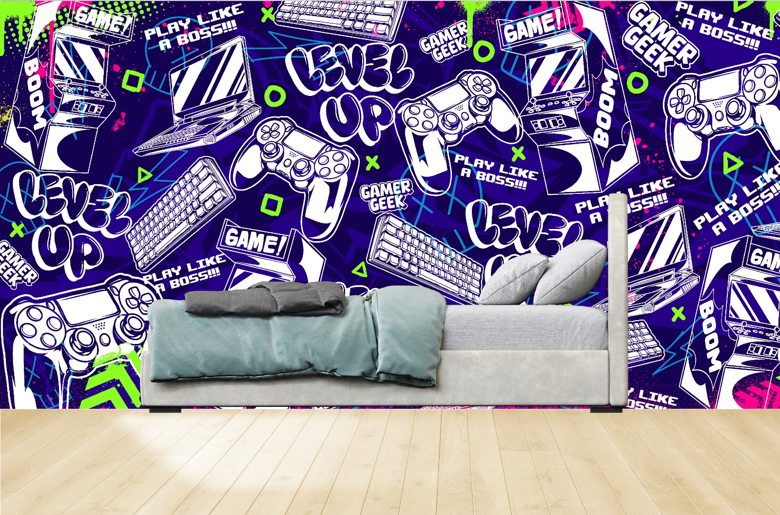 Vinilo Sticker Full color Murales diseño Fondo Gamer Joystick Azul Level UP