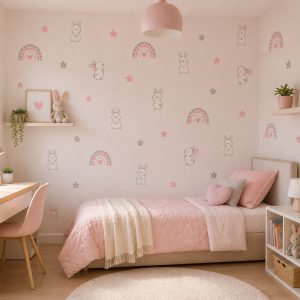 Vinilo Sticker Infantil decorativo Conejo con Arcoíris 60x60cm Rosa