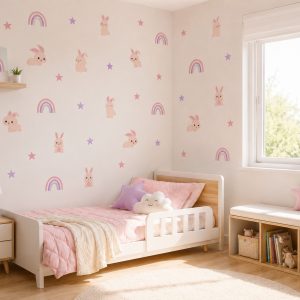Vinilo Sticker Infantil decorativo Conejo con Arcoíris 60x60cm Violeta