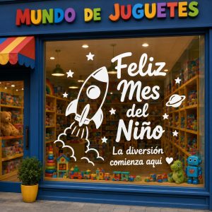 Vinilo Sticker un color Decorativo Feliz Mes Del Niño Vidriera Pared 65x60cm Cohete