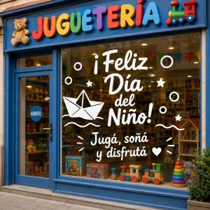 Vinilo Sticker un color Decorativo Feliz Dia Del Niño Vidriera Pared 65x60cm Barco de Papel