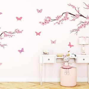Vinilo Sticker Impreso Decorativo arbol Flores con mariposas 100x60cm