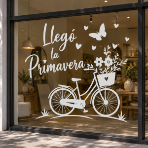 Vinilo Sticker un color Decorativo Primavera Vidriera Pared 60x60cm "LLego la primavera" Bici