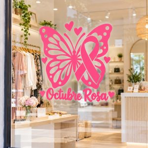 Vinilo Decorativo Octubre Rosa Para Vidrieras Comercios "Octubre Rosa" 60x60cm Mariposa