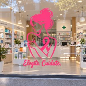 Vinilo Decorativo Octubre Rosa Para Vidrieras Comercios "Elegite Cuidate"