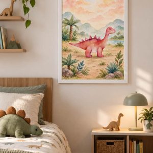 Cuadros Dino Saurio Cuello Largo Rosa Ilustrativo