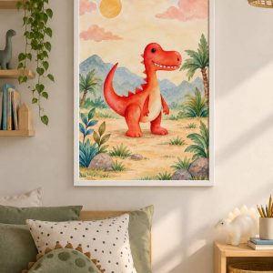 Cuadros Dino Saurio T-Rex Rojo Ilustrativo