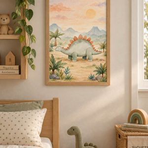 Cuadros Dino Saurio Estegosaurio Verde Ilustrado