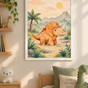 Cuadros Dino Saurio Triceratops Naranja Ilustrativo