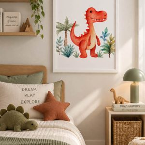 Cuadros Dino Saurio T-Rex Rojo Fondo Blanco