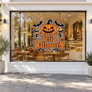 Vinilo Sticker un color Decorativo Vidriera Feliz Halloween Murciélago 60x60Cm